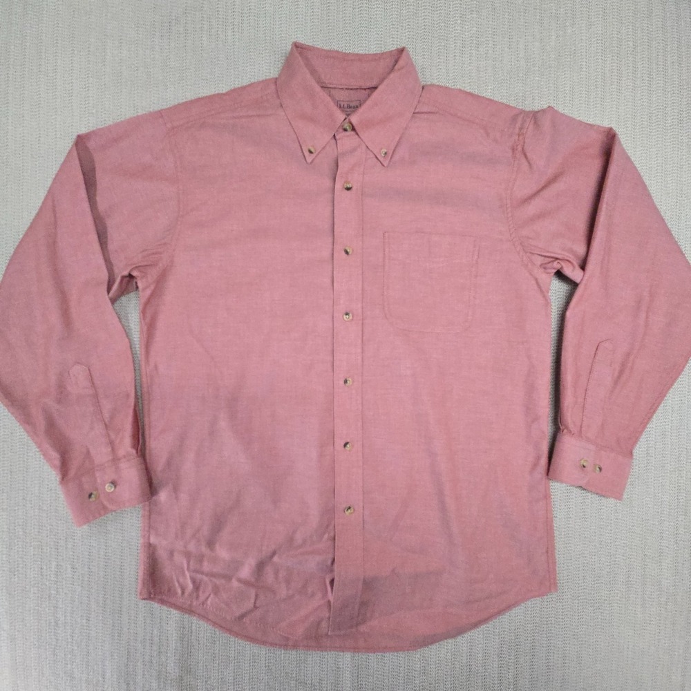 L.L. Bean Shirt Mens Medium Pink Coral Solid Chambray Button‎ Down Up Dress